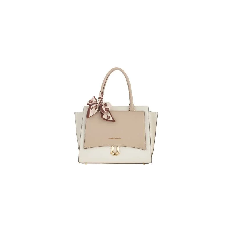 Borsa a spalla elegante beige con foulard e chiusura gioiello dorato – Alessia Massimo frontale Borsa a spalla elegante beige con foulard e chiusura gioiello dorato – Alessia Massimo frontale