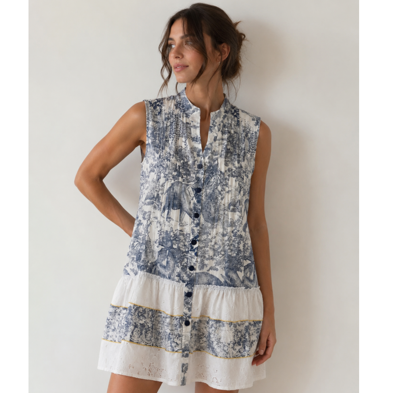 Kaftano Blusa Fantasia Blue Alessia Massimo VE4803 smanicata con stampa blu e bianca