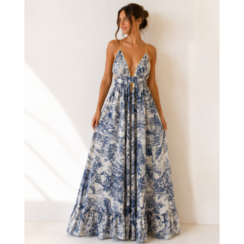 Vestito Lungo Fantasia Blue Alessia Massimo VE4806 con stampa blu e bianca e scollo profondo 2