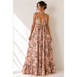 Vestito Lungo Fantasia Pink Alessia Massimo VE4806 con stampa rosa cipria, scollo profondo e schiena scoperta
