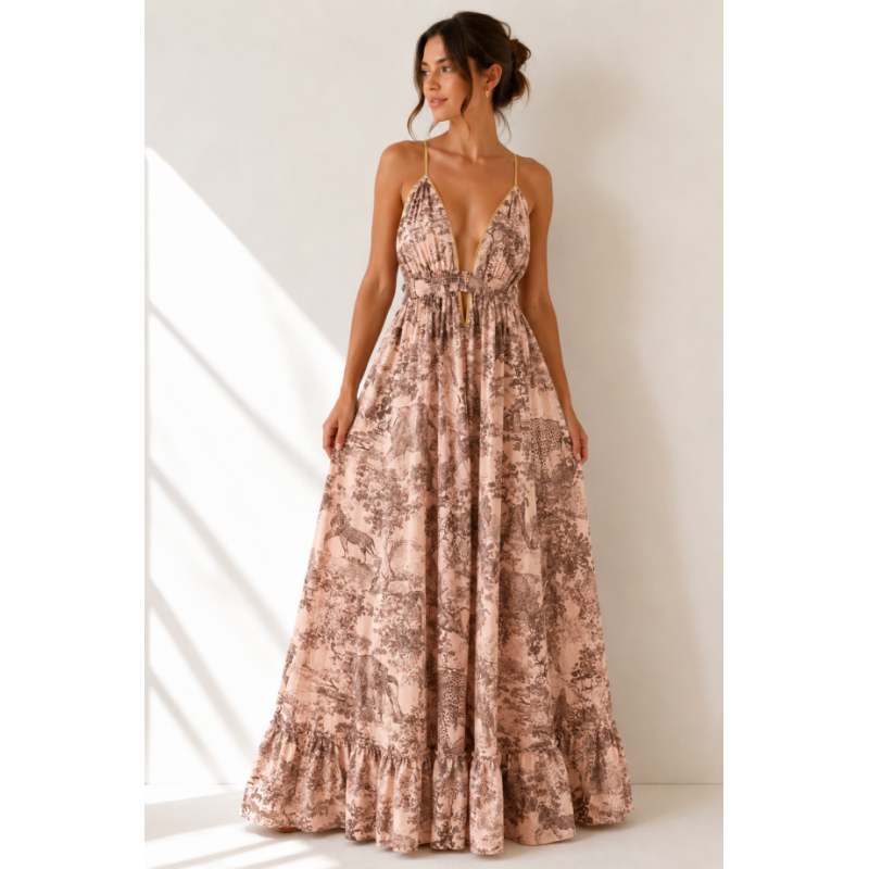 Vestito Lungo Fantasia Pink Alessia Massimo VE4806 con stampa rosa cipria, scollo profondo e schiena scoperta