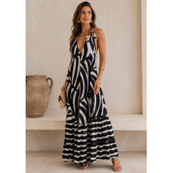 Kaftano lungo donna bianco e nero con fantasia grafica e scollo all'americana modello IJPE202643