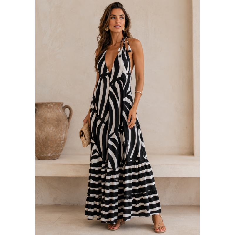 Kaftano lungo donna bianco e nero con fantasia grafica e scollo all'americana modello IJPE202643