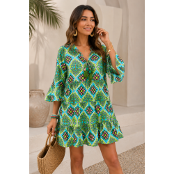 Kaftano donna fantasia verde acqua e lime con nappine decorative IRPE202619