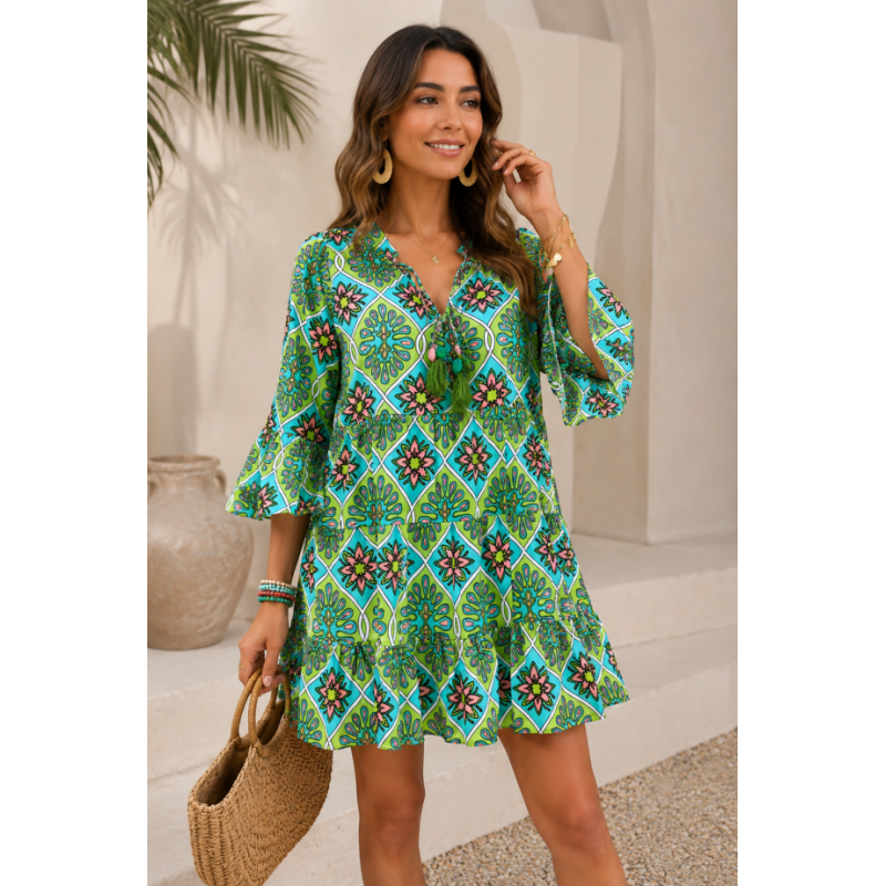Kaftano donna fantasia verde acqua e lime con nappine decorative IRPE202619